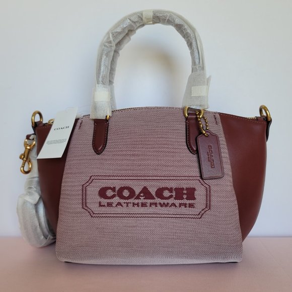 COACH Elise Badge Satchel In Jacquard & Refined Leather- Wine Multi $245⭐ - Picture 3 of 16